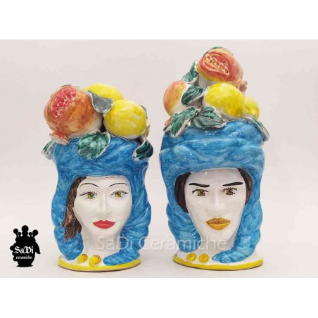 Testa di Moro in ceramica con frutta- ceramiche di Caltagirone- azzurro 30cm